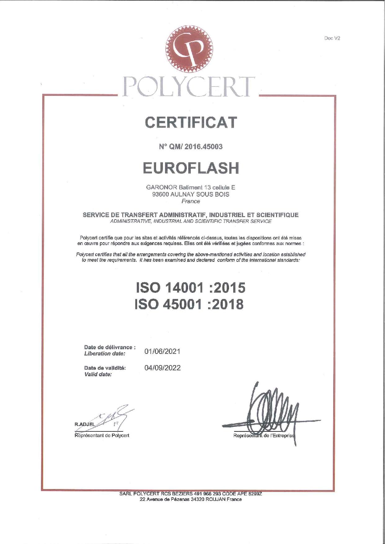 Certificat euroflash ISO 14001 45001