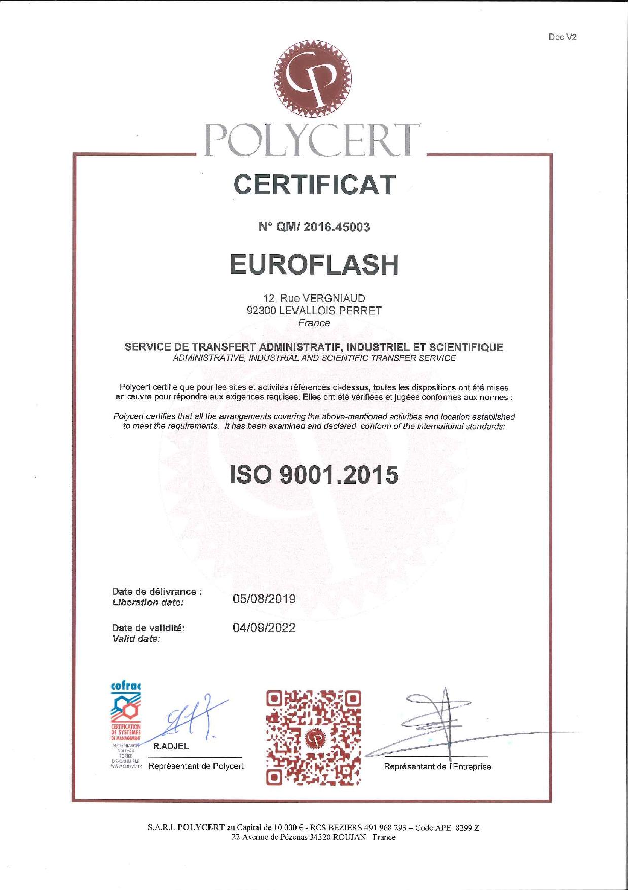 Certificat euroflash ISO 9001
